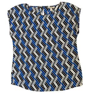 Banana Republic Black white and blue geometric print blouse M